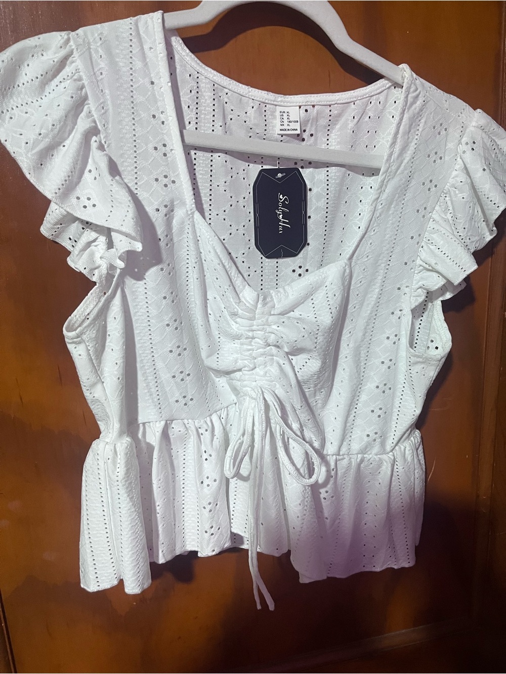 White Eyelet Tie-Front Ruffle Sleeve Blouse